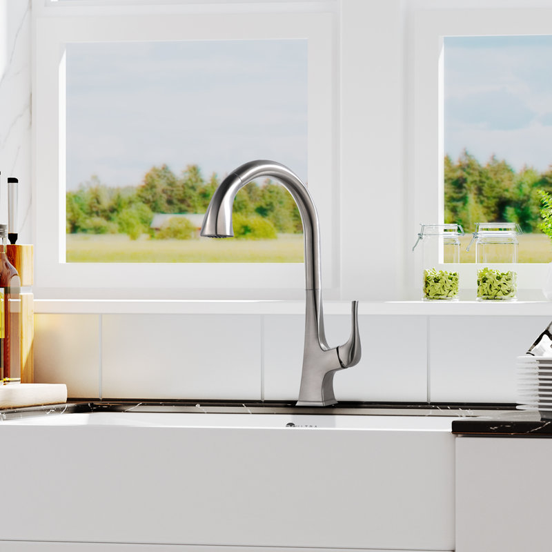 Quest Collection High-Arc Single Handle Kitchen Faucet with 2-Function Pull-Down Spout Sprayer - Brushed Nickel