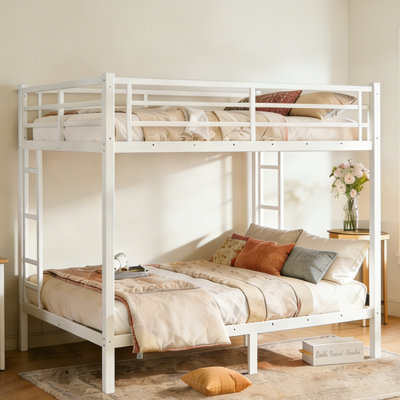 White Twin Over Queen Straight Ladder Low-Profile Wide-Top Bunk Bed