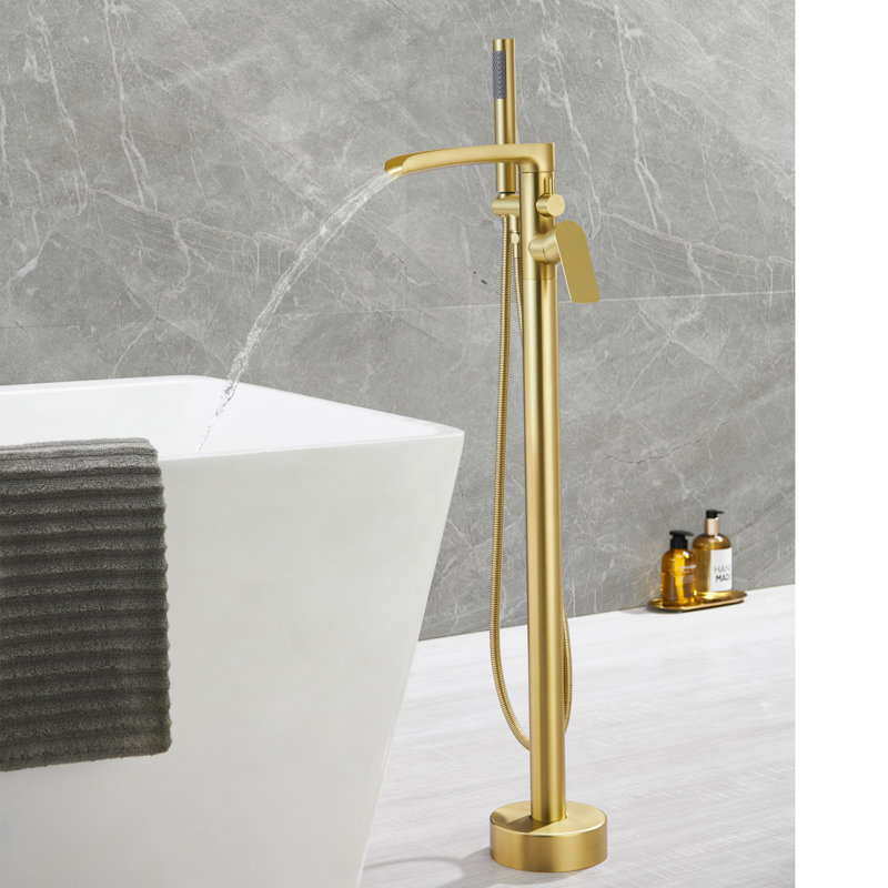 Robinet de baignoire autoportant à poignée levier simple 37,5 "en laiton massif avec douchette à main, Or brossé