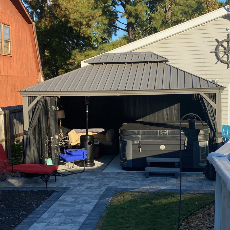 12' x 16' Black Aluminum Hardtop Patio Gazebo with Curtains