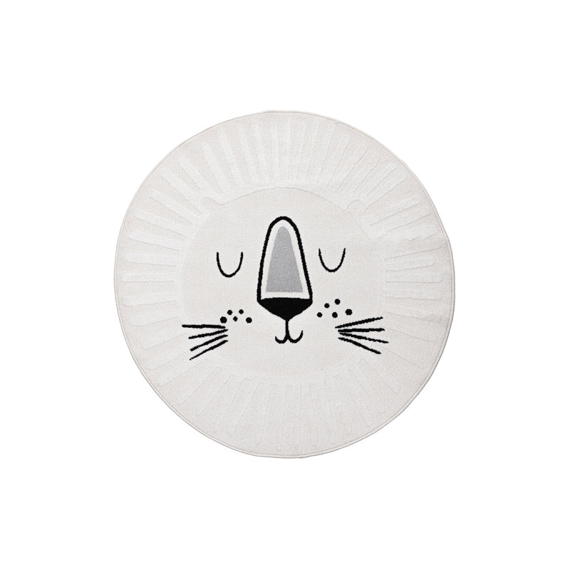 Tapis en polyester crème à motif animalier Lion, Rond 4 pi 5 po