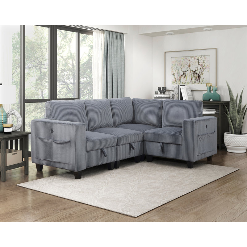 4-Piece Modular Sectional With Storage Seats, Dark Gray, 35.5" H x 89" W x 64" D