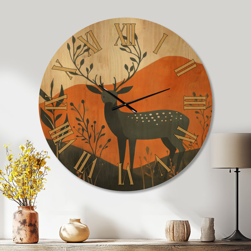 Horloge murale rustique en bois Amber Woodland Deer II - Grande horloge murale en bois, Extra Large