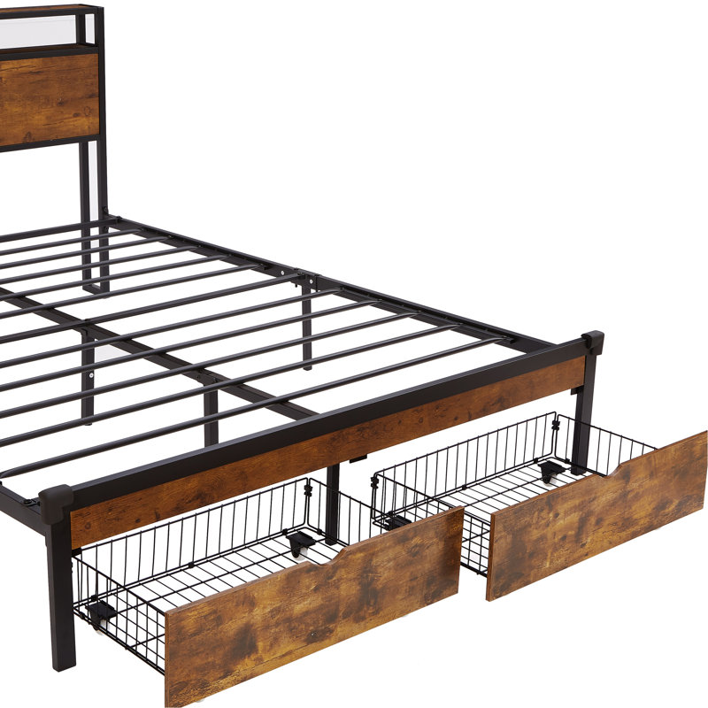 Base de lit plateforme en métal avec panneaux de tête et de pied en bois, installation de chargement, 2 tiroirs de rangement, lumières à DEL, aucun sommier requis, capacité de poids de 600 lb, grand manuel d'assemblage facile