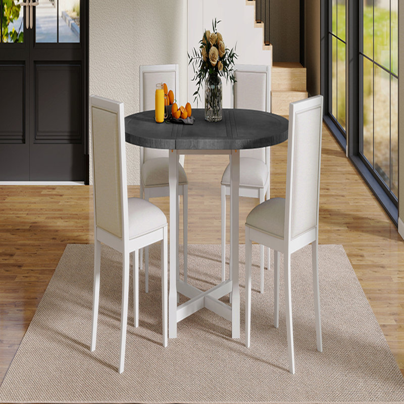 Ensemble de table de salle à manger 5 pièces pour 4 personnes, table de salle à manger ronde pour 4 personnes avec chaises rembourrées, ensemble de table de cuisine de ferme avec rallonge amovible, extensible