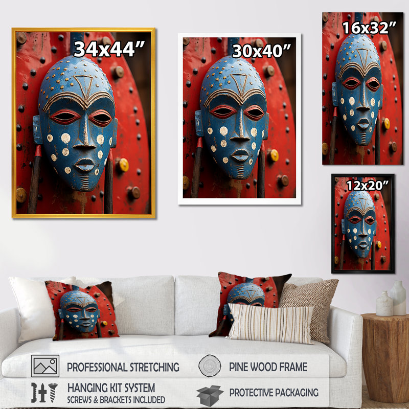 Masque rituel africain festif I, Toile tendue, H 40 po x l 30 po x P 1,5 po