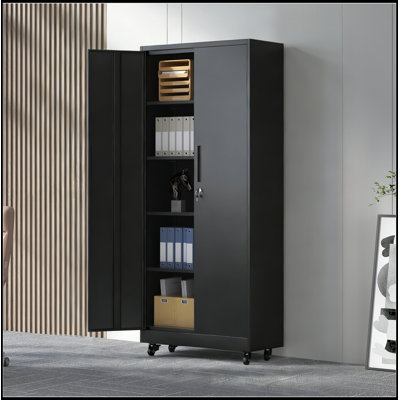 Armoire de rangement en métal avec roulettes, serrure et 4 tablettes réglables