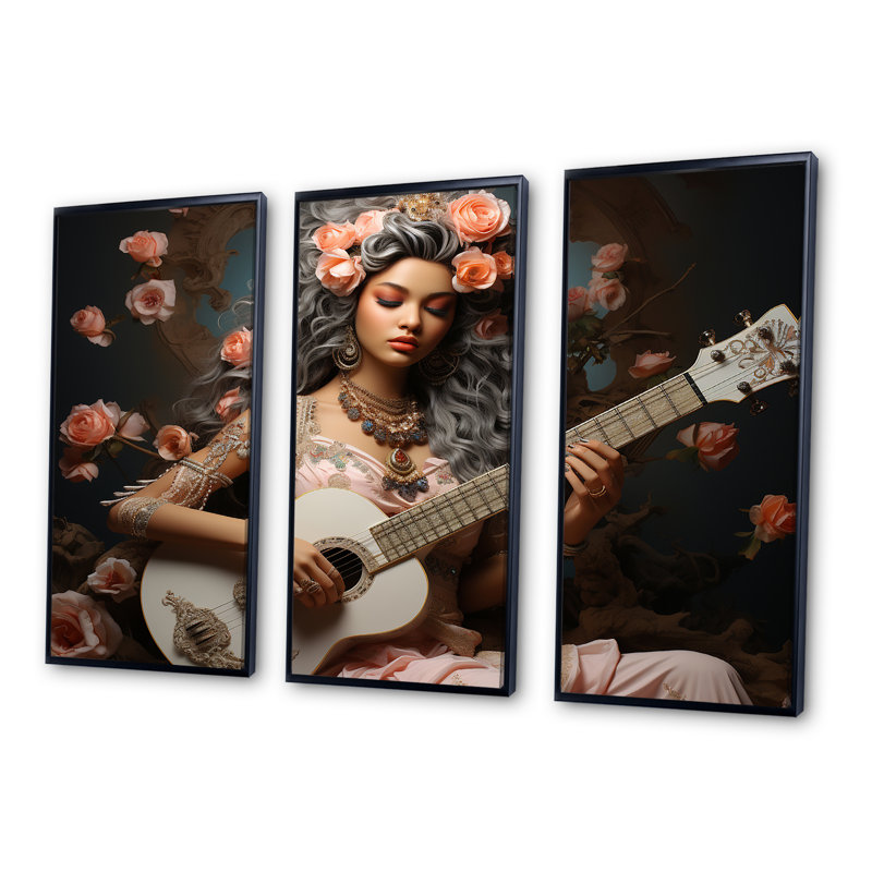 Ensemble de salon Hindouisme Saraswatis Parchment Peach I - Hindouisme, H 28 po x l 36 po, Cadre flottant noir