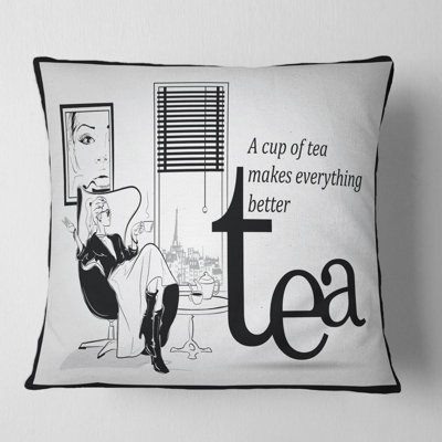 Fashion Girl Drinking a Cup of Tea Square Pillow Cover & Insert