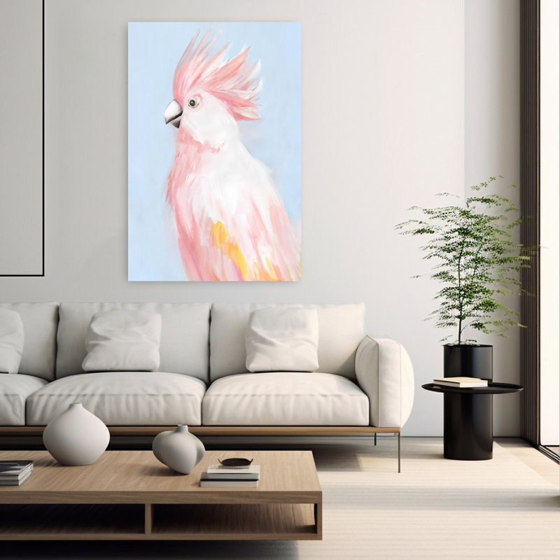 Art mural contemporain abstrait avec un cacatoès rose et des pastels doux, H 60 po x l 40 po