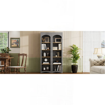 Free Standing 5 Tier Bookshelves, Bookcases Set Of 2, Farmhouse Two-Tone Storage Cabinet With Adjustable Shelves, Modern 72"H Kitchen Pantry Cabinet For Living Room, Home Office