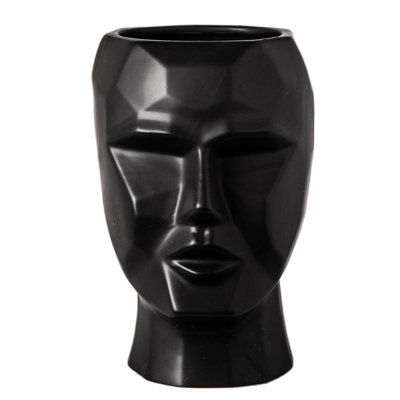 Ceramic Round Pixelated Man's Head Pot Matte Finish Black