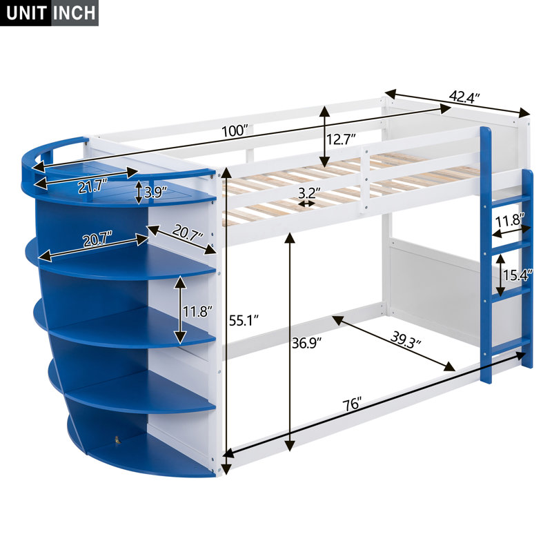 Lit superposé simple au-dessus de simple avec tablettes Riey par Sunside Sails, Bleu / blanc