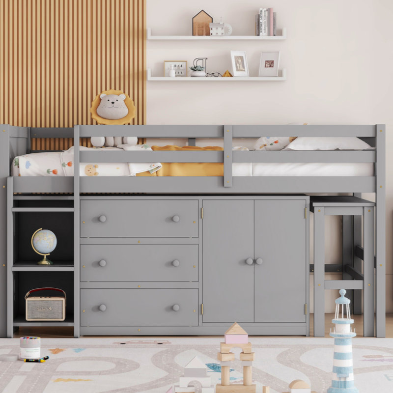 Lit mezzanine simple simple avec bureau coulissant, tiroirs, armoire et tablettes, Gris