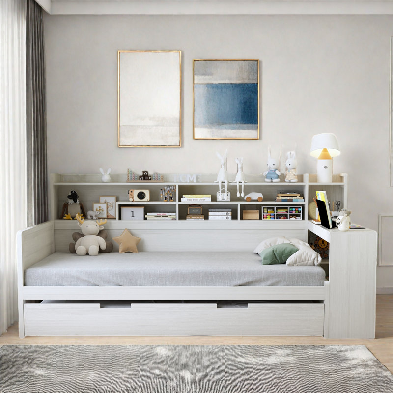 Multifunctional Wooden Daybed With Storage Shelves, Study Desk And Trundle, Twin, White