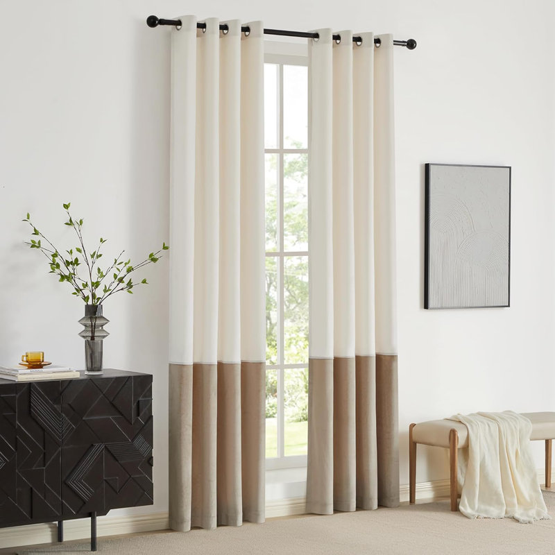Velvet Thermal-Insulated Blackout curtains. Room Darkening 75%-95% Patchwork Color Block Drapes for Bedroom Living Room Window（set of 2）