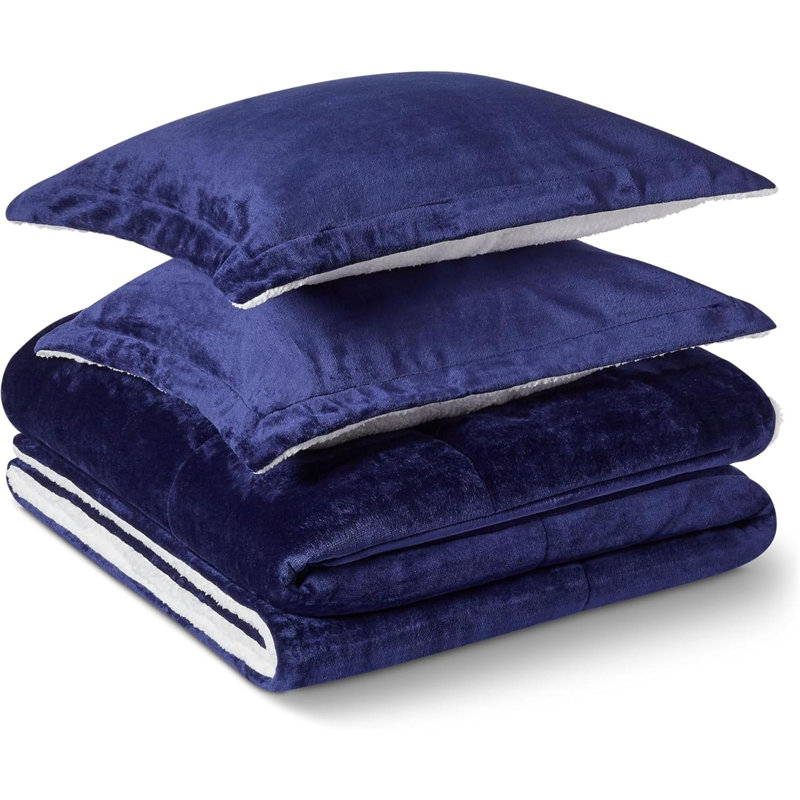 Reversible Sherpa Comforter Set With Pillow Sham, Blue