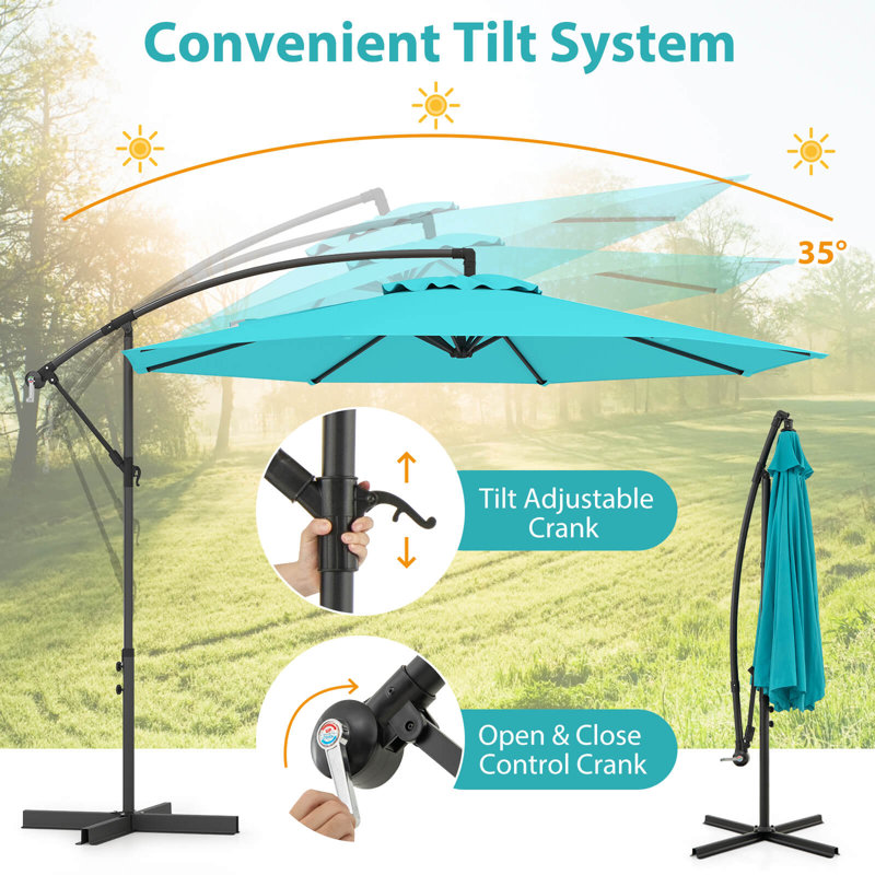 Parasol de patio décalé 10 pi avec base ajourée turquoise