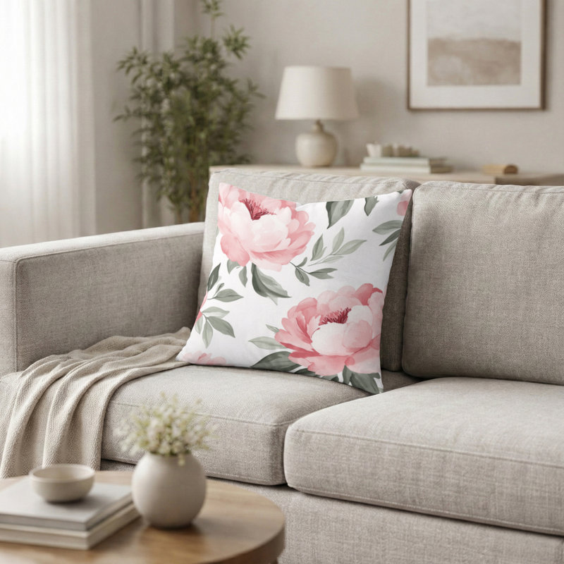 Coussin Floral - Coussin rose, H 16 po x l 16 po