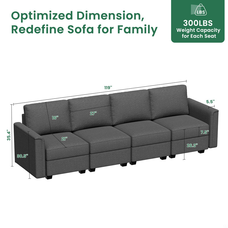 Canapé modulaire modulaire avec siège de rangement, H 13,9 po x l 46,9 po x P 12 po
