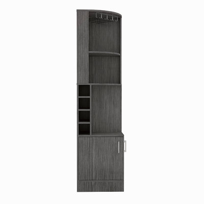 Armoire de coin H 71 po, avec deux tablettes en haut, 1 support en verre, 8 porte-bouteilles extérieurs, 1 tablette centrale et un tiroir inférieur avec 2 portes latérales