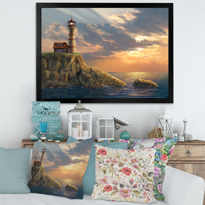 Phare sur une falaise côtière au coucher du soleil - Cadre photo, impression sur toile