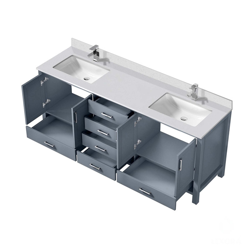 Meuble-lavabo double gris foncé 80 po X P 22 po D, dessus en quartz blanc et ensemble de robinet