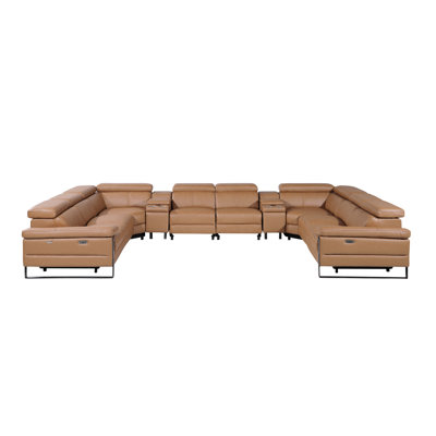 Top Grain Italian Leather 10-Piece U-Shaped Modular Power Reclining Sectional With 4 Power Recliners & Power Headrests