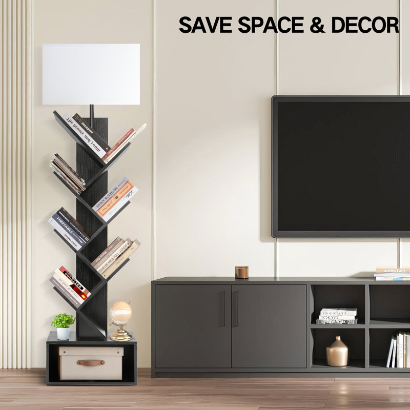 57" LED Tree Floor Lamp with Bookcase and Remote Control, White, Black