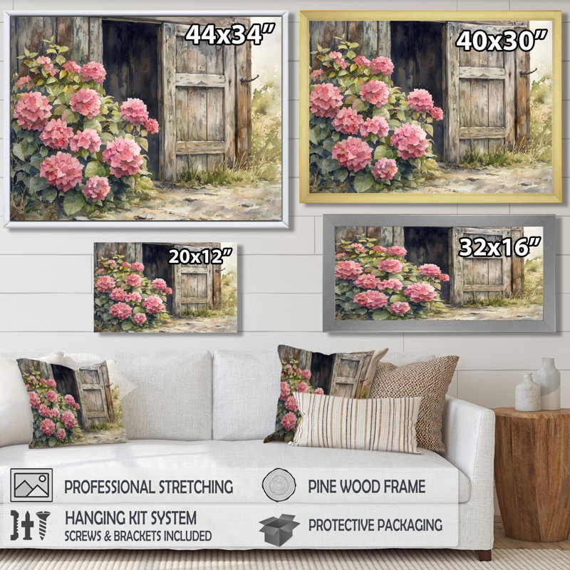 «Donnal Hydrangeas By The Farmhouse Gate I - Hydrangea», art mural, Reproduction encadrée d'une seule photo