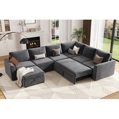 Canapé-lit modulaire en U avec lit escamotable Chenille, canapé modulaire à 7 places avec rangement et 2 repose-pieds