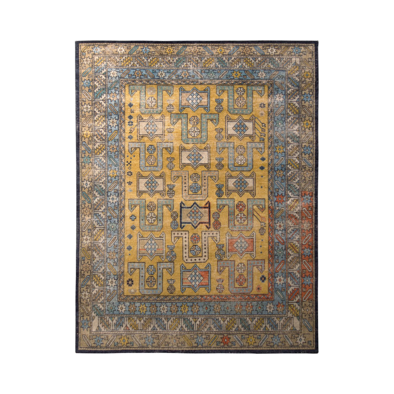 Hand-Knotted Classic Rug Gold Blue Geometric Pattern, Rectangle 8' x 10'