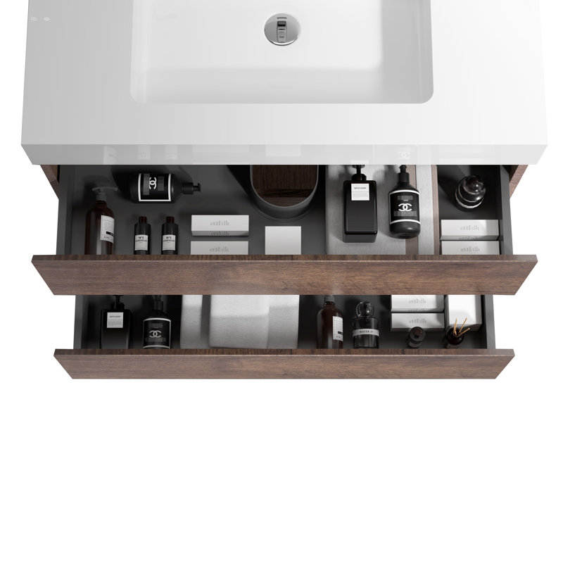 Meuble-lavabo de salle de bain 61 cm (24 po) - Noyer, rangement maximal, lavabo blanc, fonctionnement silencieux et fluide, sans robinetterie, préassemblé, fixation murale, grande ouverture, robinetterie ou bonde, finition