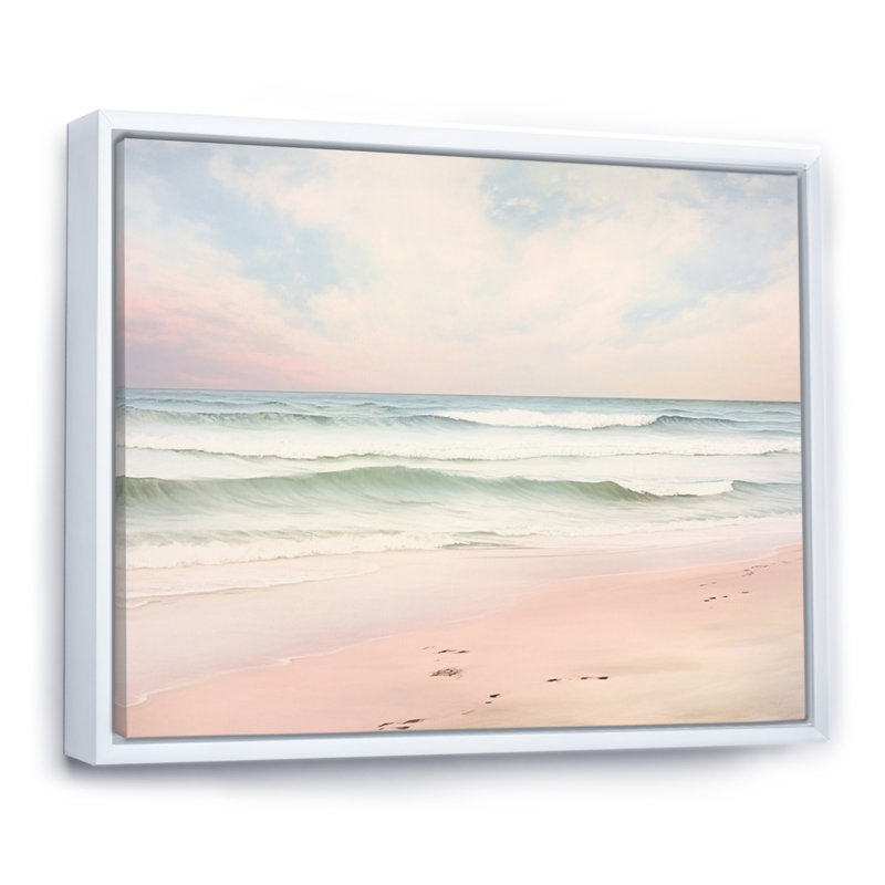 «Ocean Tranquility Tender Pink Pastel Sunrise I - Coastal Beach», art mural, H 30 po x l 40 po, Blanc