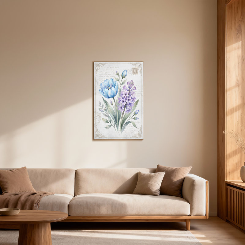 Plantes et fleurs, tulipe bleue et jacinthe mauve, imprimé floral, H 20 po x l 30 po