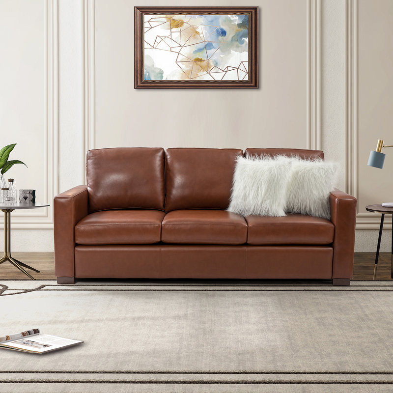 Fournier 83.46'' Genuine Leather Square Arm Sofa with Pillows, Brown Genuine Leather