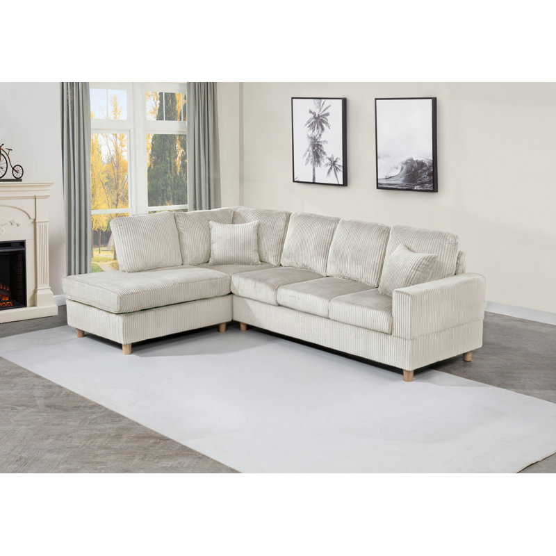 2Pc Velvet Corduroy Reversible Sectional With Drop Down Table With Cupholders, Beige Velvet