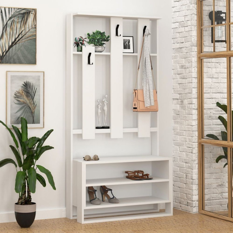 Cannes Hall Tree 90cm Wide with Bench and Shoe Storage, White