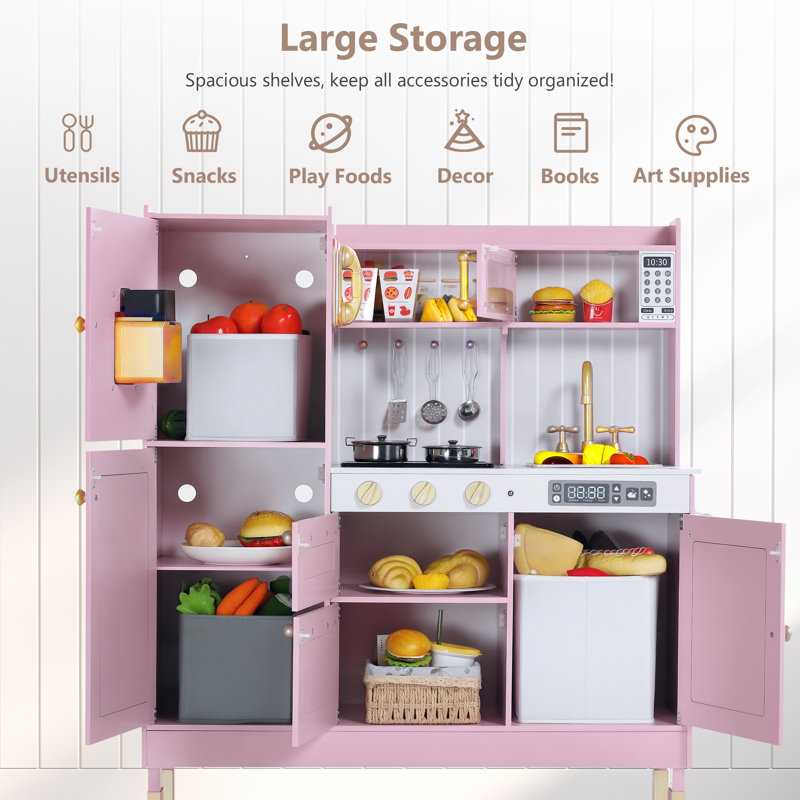 Pretend Play Kitchen Wooden Toy Set for Kids w/Lights & Sounds, Utensils, Oven, Microwave, Gift for Boys Girls Age 3+, Pink