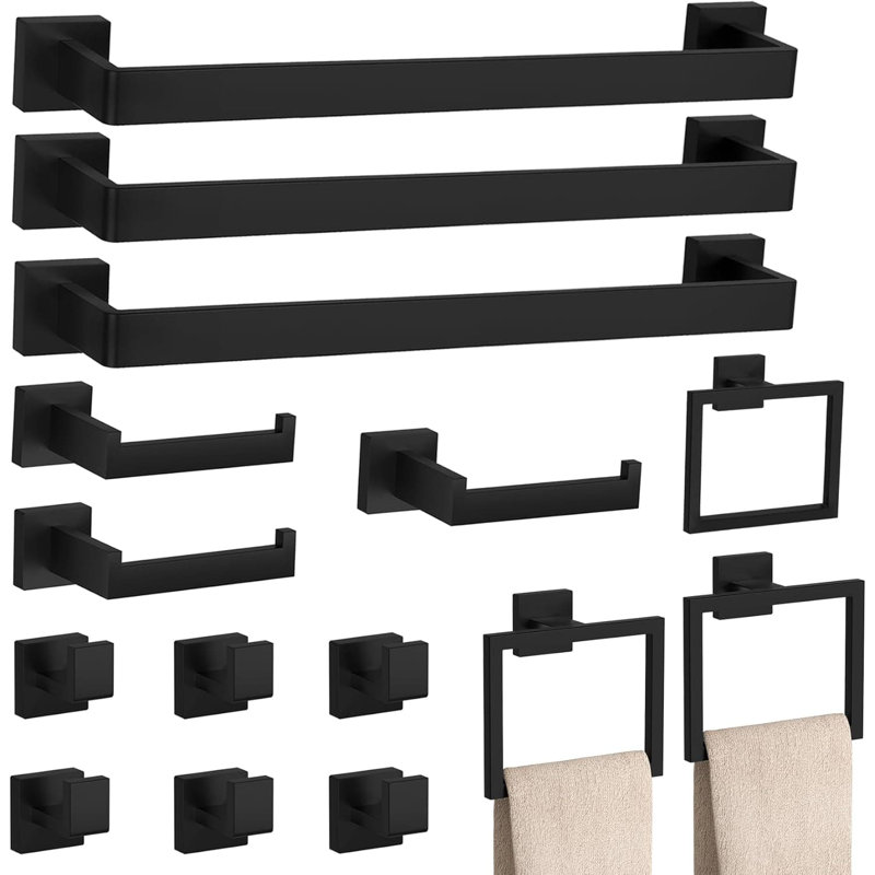 15-Piece Matte Black Bathroom Hardware Set With Towel Bar, Towel Ring, Toilet Paper Holder And Hooks, Wall Mounted Rust-Resistant Accessories For Modern Bathrooms