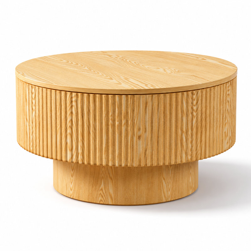 Table basse circulaire moderne avec motif à rayures subtiles et espace de rangement intérieur caché, fabrication robuste en bois aggloméré de haute qualité