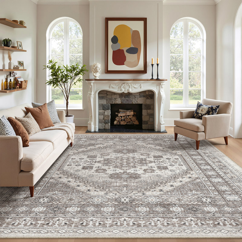 Malaika Machine-Washable Non-Slip Medallion Area Rug, Rectangle 8' x 10', Brown