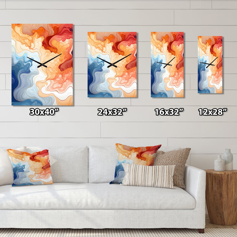 Blue Orange And Red Watercolor Waves - Abstract Shapes Wall Clock Oversized, Large