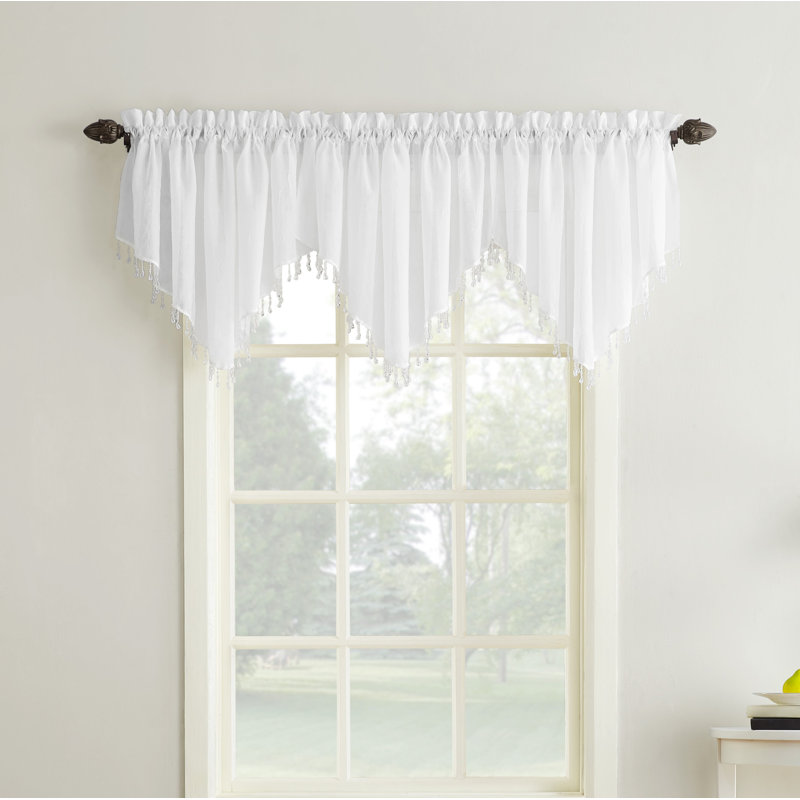 Cantonnière Ascot en voile transparent froissé à pampilles et à perles Mardis, Blanc
