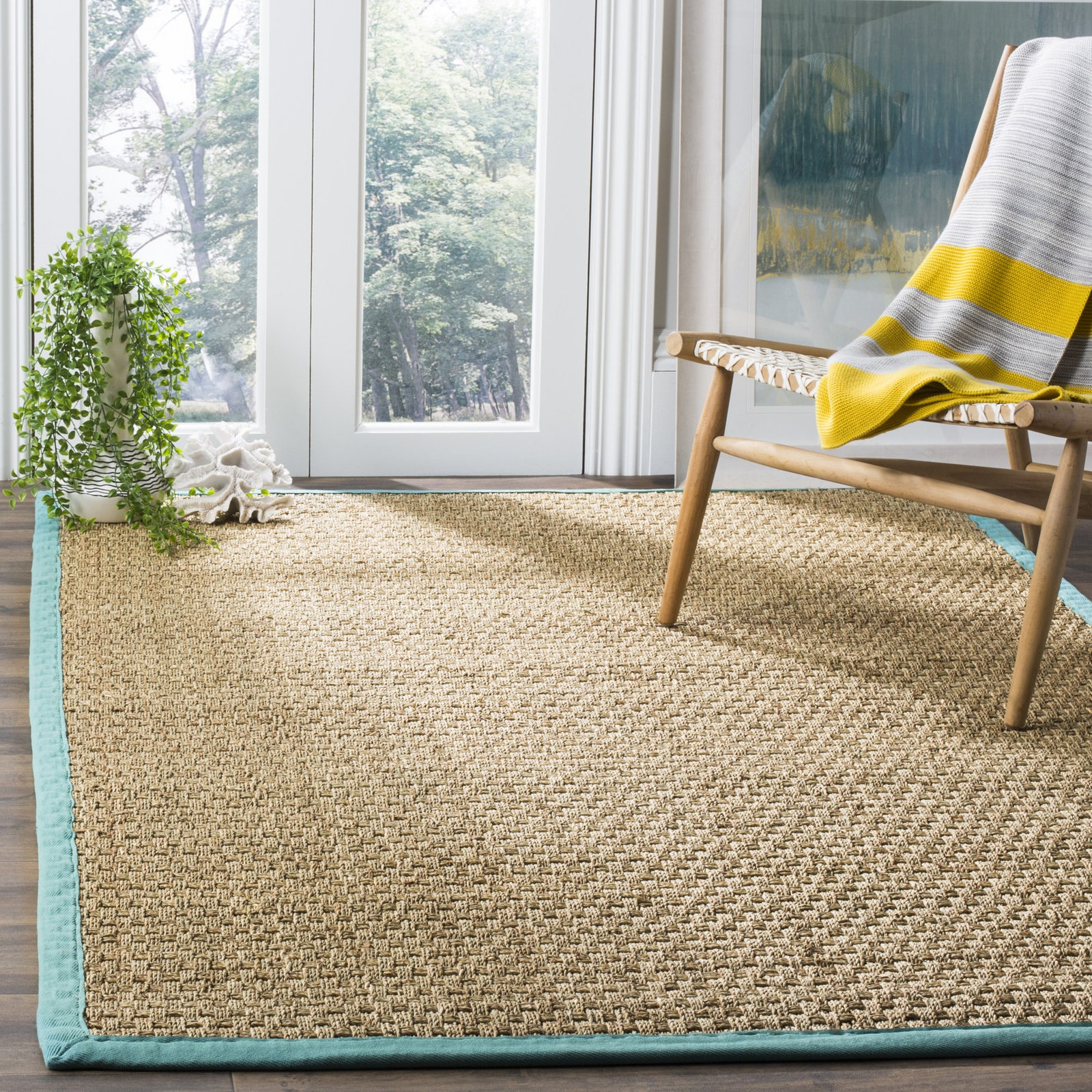Auckland Bamboo Slat/Seagrass Natural/Teal Area Rug, Rectangle 6' x 9'