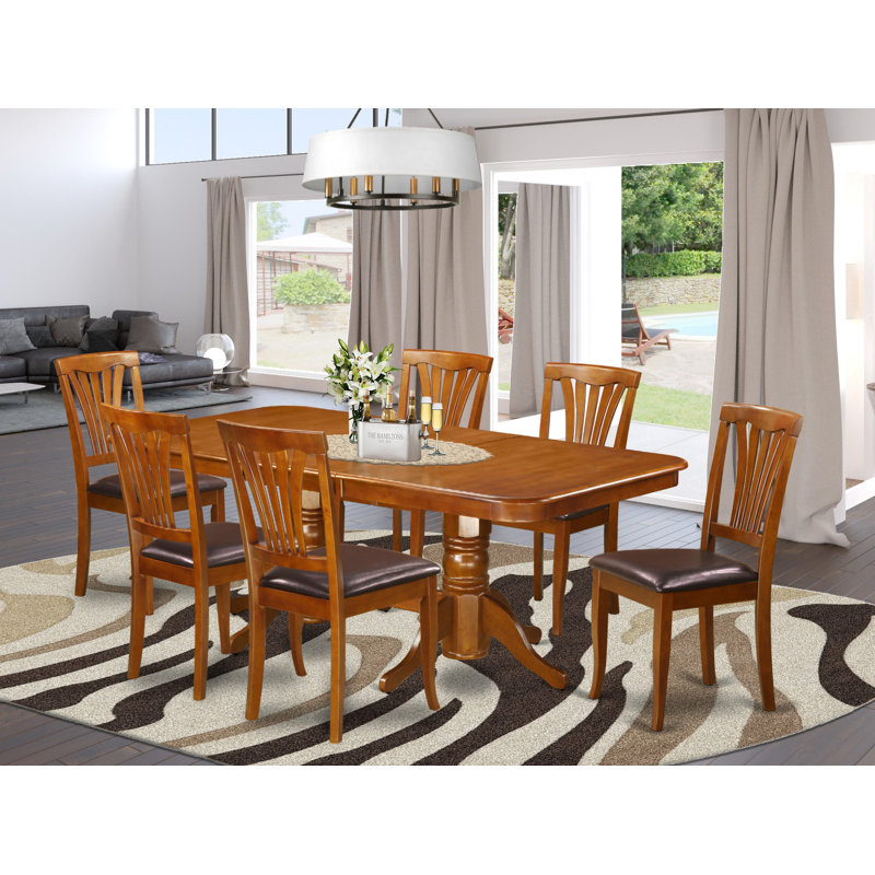 7 Piece Kitchen Table & Chairs Set Consist of a Rectangle Dining Table with Butterfly Leaf and 6 Faux Leather Dining Room Chairs, Saddle Brown