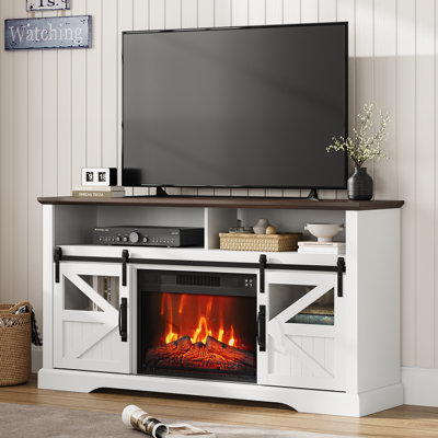 Meuble télé avec foyer électrique, meuble multimédia de style campagnard avec portes coulissantes de style grange, console multimédia pour téléviseurs jusqu'à 65 pouces, meuble de rangement pour salon