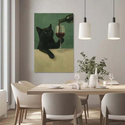 Plat en 2 dimensions, art mural sur toile encadré 1pc, chat noir dégustant du vin, verre à vin rouge, reproduction d'art sur toile de style surréaliste, impression sur toile, décoration murale