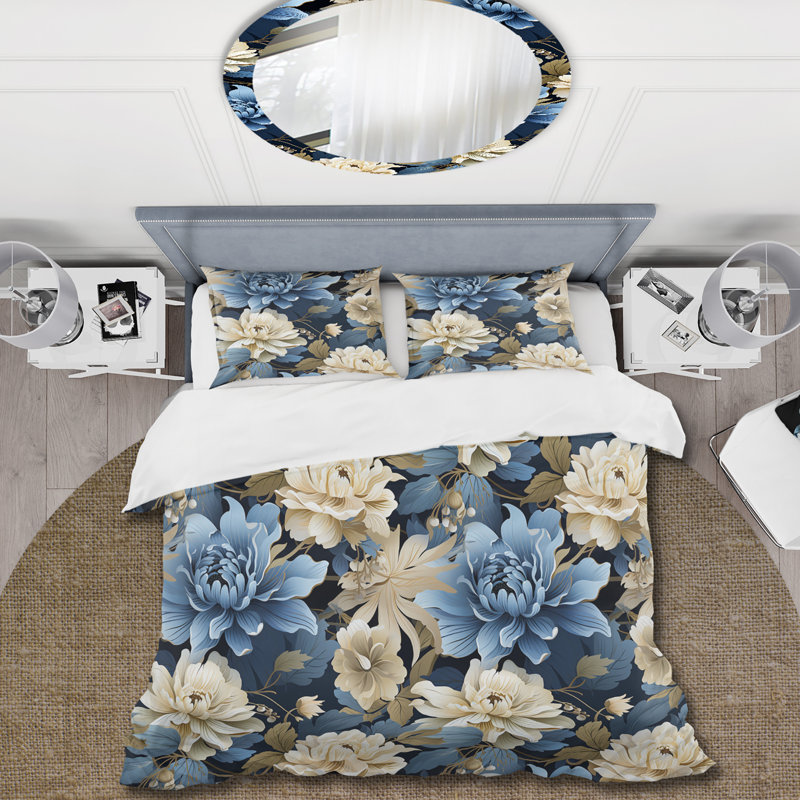 Ensemble de housse de couette à motif floral bleu et blanc, Housse de couette pour très grand lit et 2 très