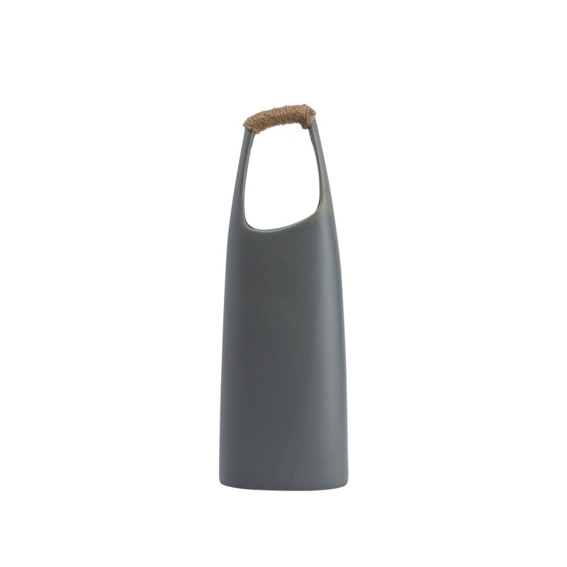 Stoneware Vase with Rattan Wrapped Top Handle, Grey, 15.13" H x 5.25" W x 3" D